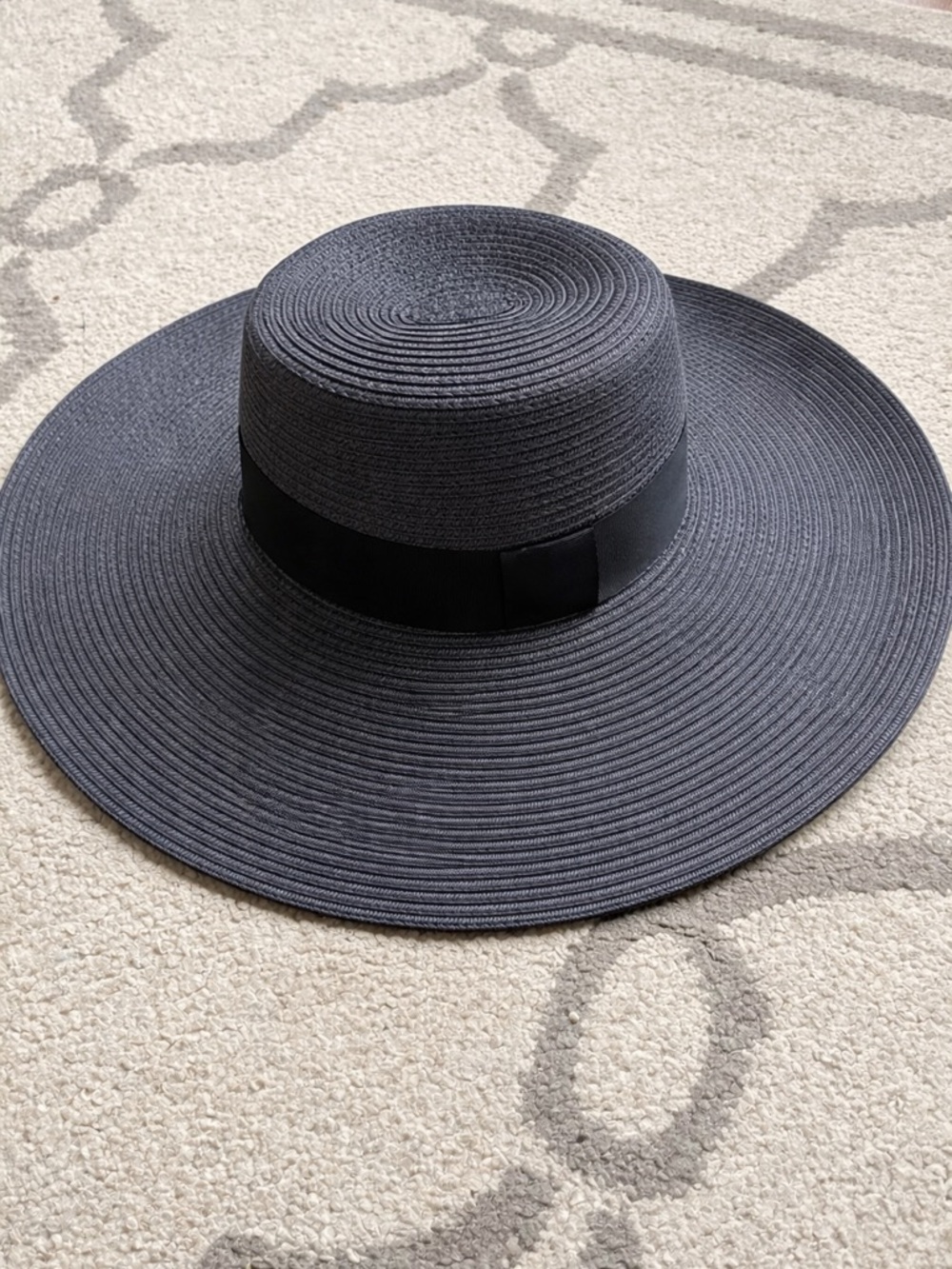 Reiss Wide-Brim Straw Sun Hat with Ribbon Trim Wedding Beach Navy - Picture 3 of 7